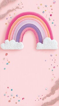 Colorful Glitter Rainbows and Sequins on Pink Background