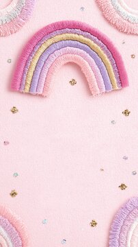 Colorful Glitter Rainbows and Sequins on Pink Background