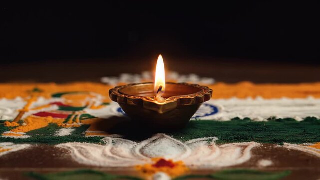 Diya Burning in Dark over Subtle Rangoli Pattern