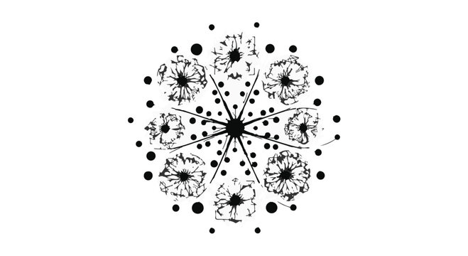Floral mandala pattern composed of delicate hand-drawn blossoms and symmetrical circular dots.