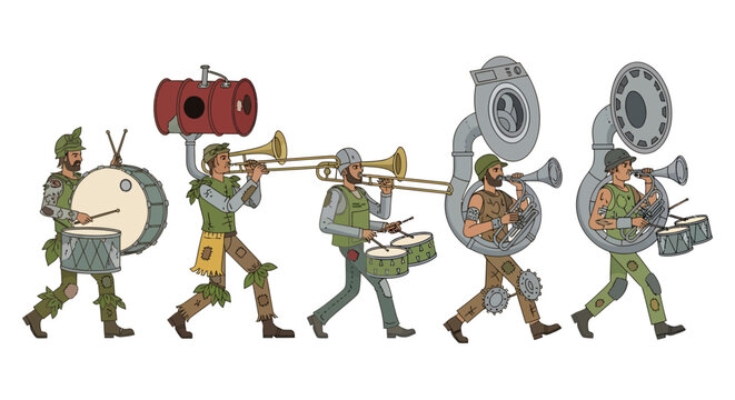 marching band cartoon characters playing musical instruments