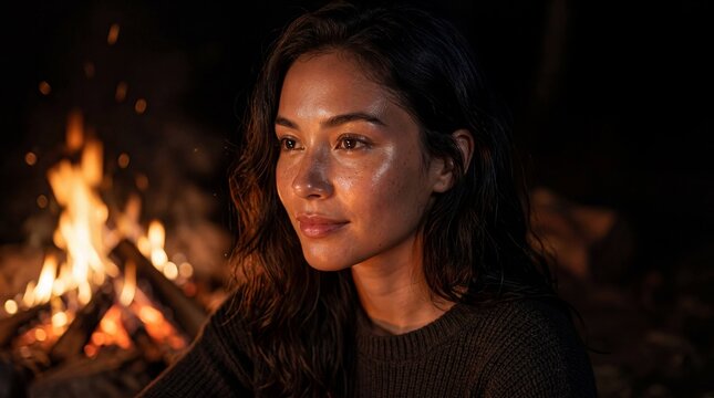 Beautiful portrait of a young woman with glowing skin, sitting near a crackling campfire at night.