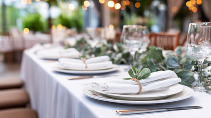 Fototapeta premium Prepared dining table for special occasion. Place settings with white plates, cutlery, napkins, and green foliage decor
