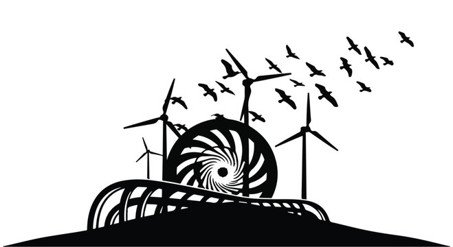 Wind turbines spin on a grassy hill as birds fly across the clean energy site.