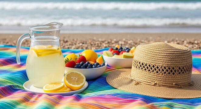 Refreshing beach picnic featuring a pitcher of lemonade fresh fruit and a stylish straw hat. labor day beach