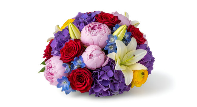 Flower bouquet consisting of red roses, pink peonies, and purple hydrangea sits against a clean white background to showcase a beautiful floral arrangement.