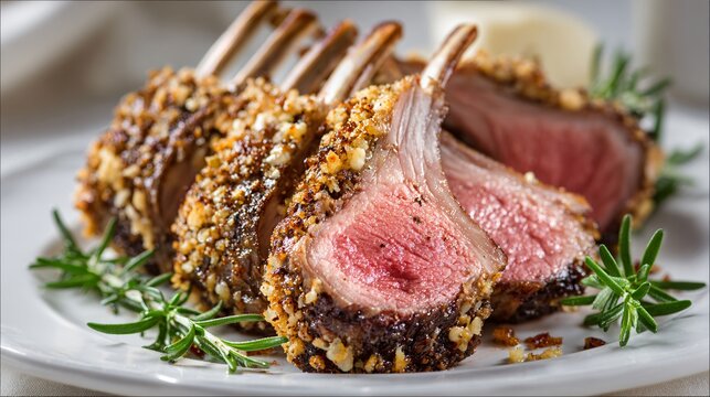 Oven-roasted rack of lamb crusted with garlic and rosemary, sliced to reveal a juicy pink center and plated elegantly under bright spring lighting