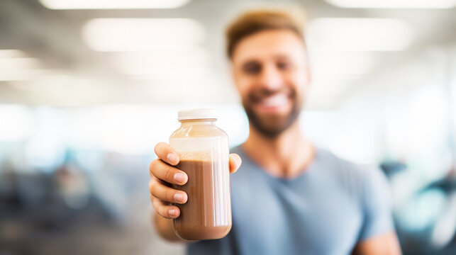 Smiling athletic man presenting a delicious protein shake bottle, celebrating post workout recovery and healthy nutrition