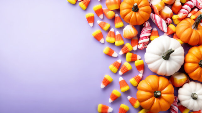 Halloween border design featuring assorted candy corn, colorful lollipops, and decorative pumpkins on a purple background