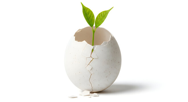 Seedling growing from a broken white eggshell symbolizes new beginnings and natural growth potential.