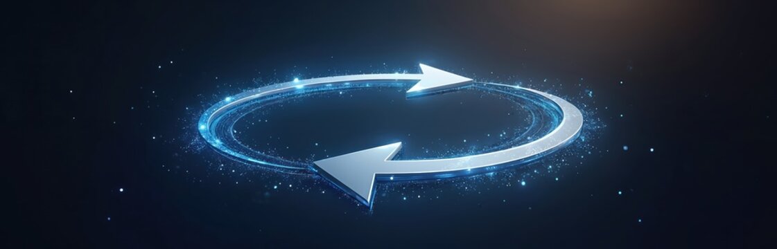 Two metallic arrows form circular cycle with blue light trails, glowing particles. Visual repetition, renewal, process, continuity in abstract digital art. Implies loop, workflow, constant change.
