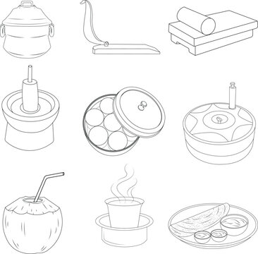 Traditional South Indian kitchen utensils, cooking tools, and food line art vector illustration set