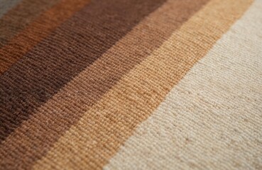 Fototapeta premium Close view of woven rug texture with brown and ecru color stripes. Natural wool fabric with visible threads and knots detail. Neutral background for home decor.