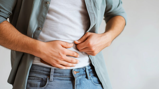 Man feeling discomfort, experiencing stomach pain, abdominal issues. Concept of gut health problems, diet, and nutrition concerns