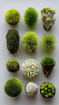 Vibrant Green Moss Balls and White Floral Forms on White Background