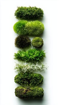 Vibrant Green Moss Balls and White Floral Forms on White Background