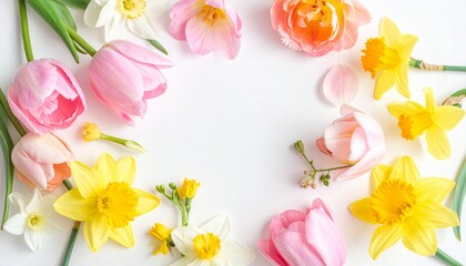 Obraz premium Spring Floral Composition with Tulips and Daffodils on Soft Light Background