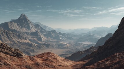Fototapeta premium Distant human figure in the vast, desolate mountainous landscape under cloudy sky.