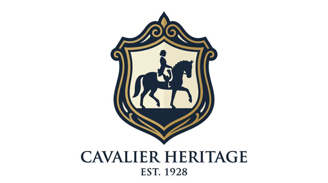Cavalier Heritage Est 1928 Equestrian Logo with Shield and Horse Illustration