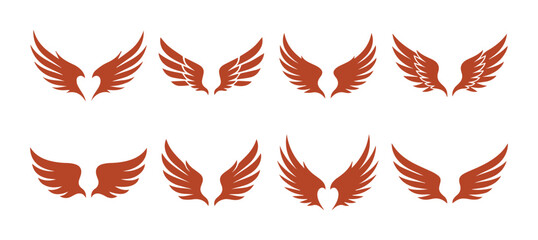 Obraz premium Elegant Wing Vector Set, 8 pairs of stylized brown wings, classic feather designs, ideal for logos, emblems, and graphic design projects, isolated on white background