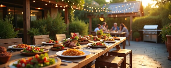Fototapeta premium Outdoor dining table set for feast with string lights overhead. People gather at backyard party, enjoying grilled food and fresh salads in garden setting. Evening ambiance with warm sun.