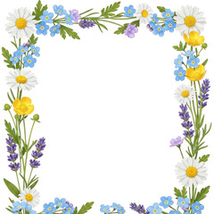 Fototapeta premium Floral wreath with daisies, cornflowers, and lavender isolated on transparent background