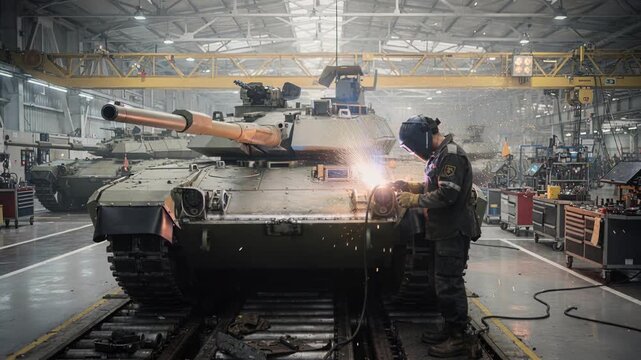 Skilled technician repairing tank hull in factory environment