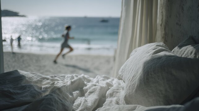 Relaxed Woman Running on Beach Near Shoreline in Bright Summer Day