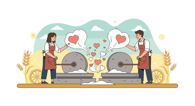 Couple Grinding Grain with Love Hearts Illustration