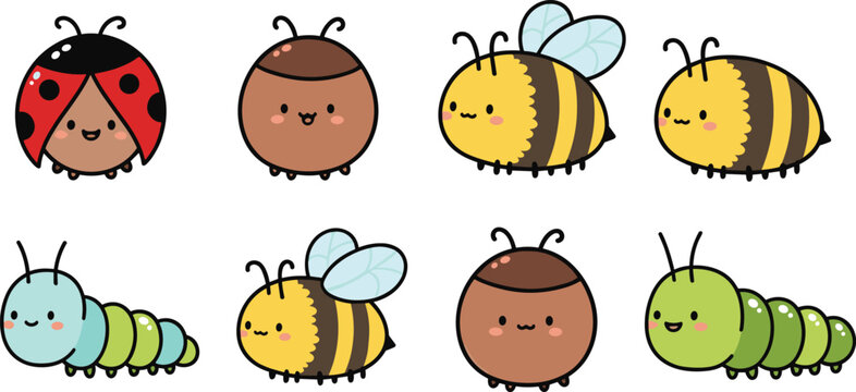 Cute cartoon insects set including ladybug, bee and caterpillar, kawaii bug characters isolated vector illustration for kids and nature design