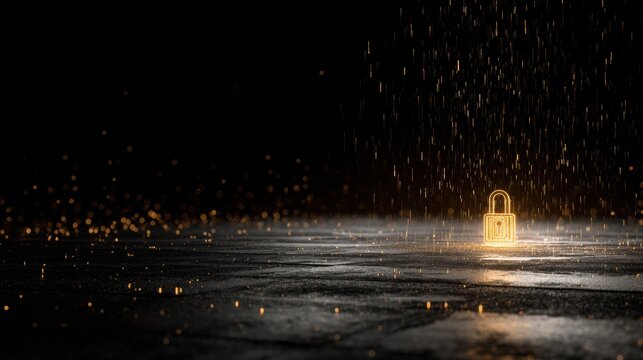 Password Security Concept With Glowing Padlock and Binary Rain on Dark Background at Night Illustrating Cyber Protection Themes