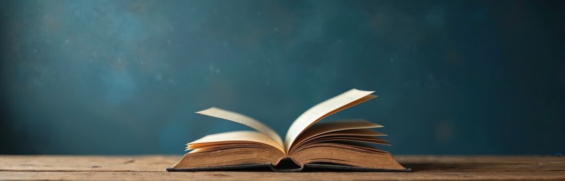 Open book rests on rustic wooden table against dark blue backdrop. Pages flutter slightly, inviting readers to explore knowledge, stories, or academic pursuits. Copy space available.