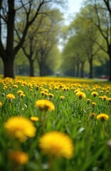 Obraz premium Yellow dandelions cover a green lawn leading to a park path with trees. Spring blooms fill the meadow under a bright sky. Nature awakens after winter with fresh new growth.