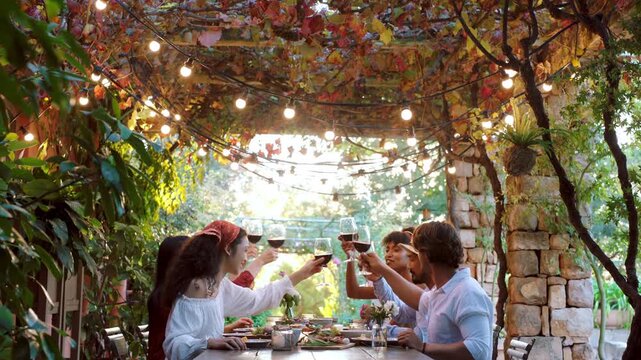 Smile, friends and toast with red wine in backyard for support, celebration and lunch reunion. Happy, people and cheers alcohol with food at gathering, hangout and gratitude of Easter holiday in home
