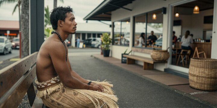 A shirtless man sits relaxed on a weathered bench in a vibrant outdoor market, wearing traditional Hawaiian attire and surrounded by lush greenery and bustling activity.