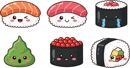 Cute cartoon sushi set with salmon, tuna and maki rolls, kawaii Japanese food characters isolated vector illustration for menu and kids design © MdAbuSayed