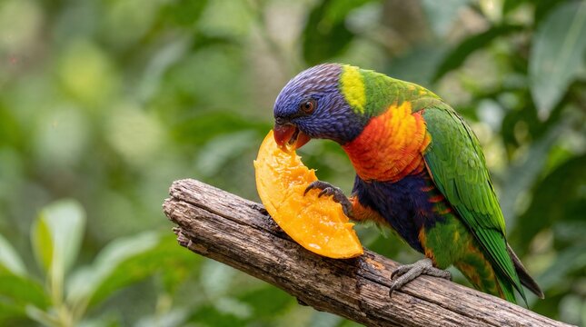 Rainbow lorikeet eating orange fruit.