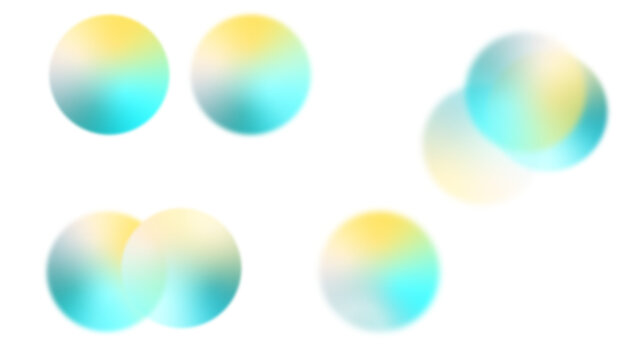 Set of vibrant turquoise blue and yellow gradient bokeh shapes, collection of separate blurred spheres and design elements isolated on transparent PNG