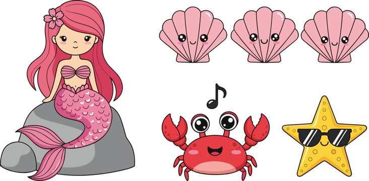 Cute mermaid and sea elements set with crab, shells and starfish, adorable ocean cartoon collection isolated vector illustration for kids design