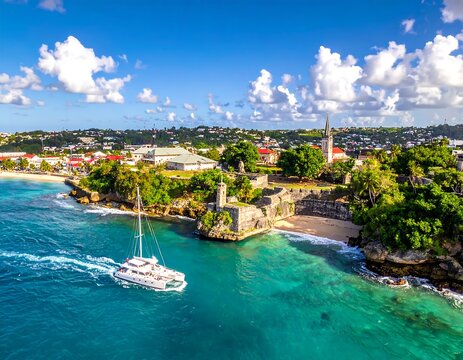 Aerial view of Bridgetown, Barbados with a catamaran sailing in turquoise waters.