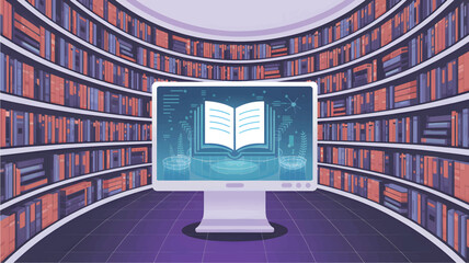 Computer monitor displaying a digital open book in a curved library with shelves of books, bookshelf © srdesignhouse