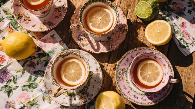 A light oak wood flat lay featuring pastel tea cups, lemon slices, and floral napkins captured in fresh spring sunlight