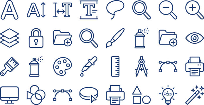 Graphic design and editing tools outline icon set featuring typography layers drawing equipment interface elements and creative software symbols collection