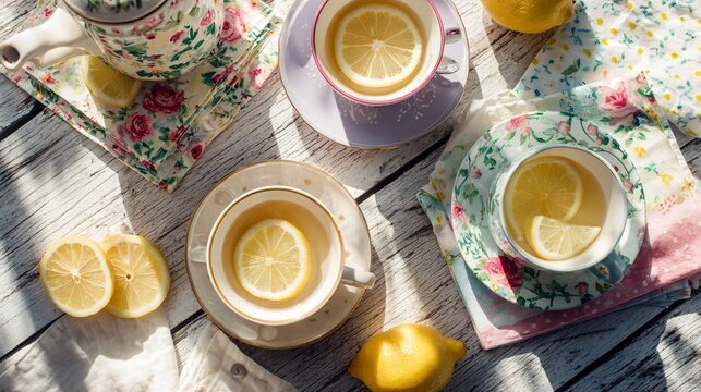 A light oak wood flat lay featuring pastel tea cups, lemon slices, and floral napkins captured in fresh spring sunlight