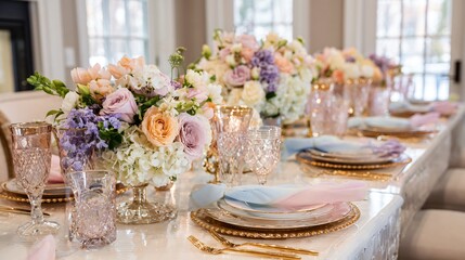 Fototapeta premium A luxurious indoor Easter tablescape featuring tall taper candles, cascading floral centerpieces in blush and cream tones, and hand-painted eggs placed delicately beside each plate in diffused natural