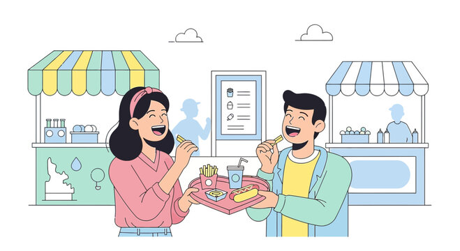 Happy Couple Enjoying Street Food Outside Colorful Stalls on a Sunny Day