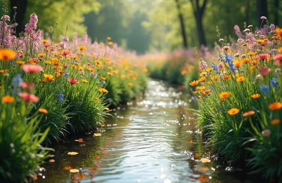 Side view of calm water stream flowing through rich green grass with abundant colorful wildflowers in bright sunlight. Soft focus background with trees and gentle light.