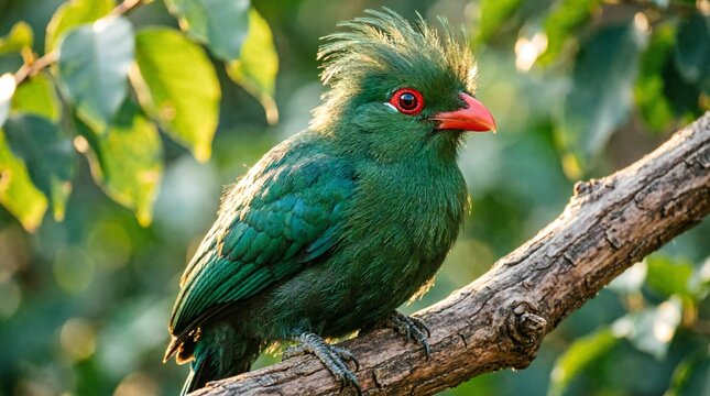 Stunning green turaco bird with vibrant emerald plumage and distinctive upright crest perched on wooden branch, featuring bright red eye ring and coral beak in natural forest environment.
