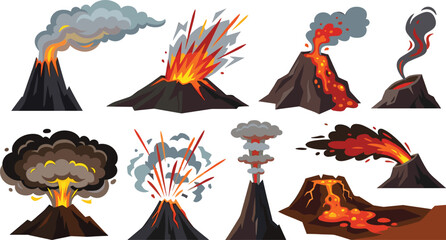 Set of volcano eruptions with lava bursts, smoke clouds and explosive activity in flat vector style, natural disaster and geology illustration collection © Md Shujan islam