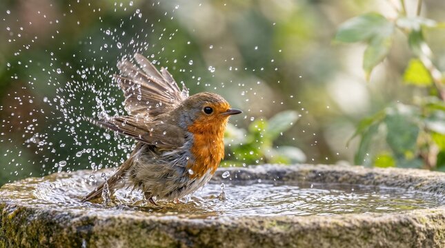 A robin taking a refreshing bath outdoors.